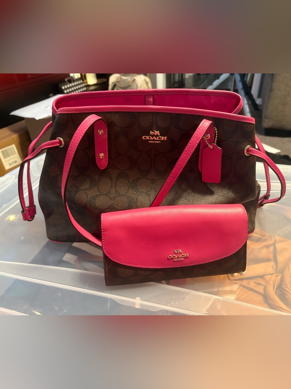 Coach Brown Signature Tote with Hot Pink Trim & Matching Wallet
